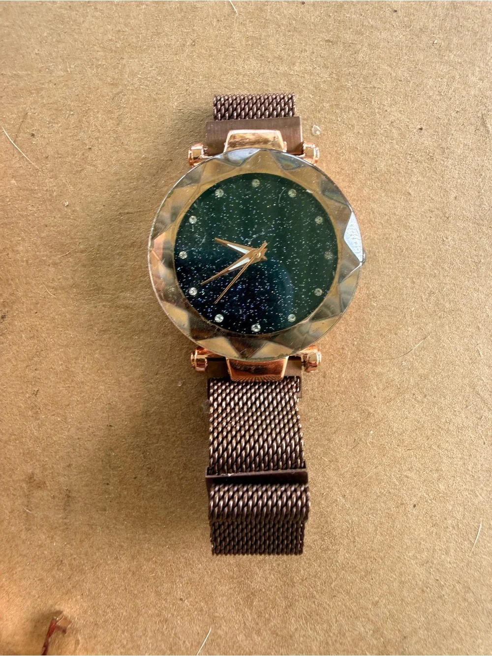Rose Gold Mesh Strap Watch with Glittery Black Dial